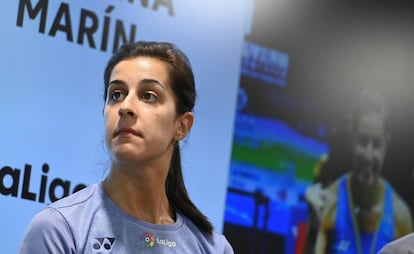 Carolina Marín, durante la rueda de prensa.