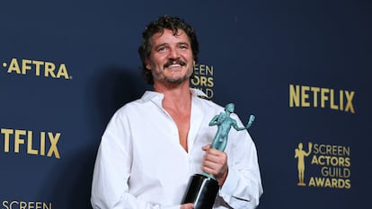 Pedro Pascal poses with the award for Best Actor in a Drama Series ('The Last of Us') at the 30th SAG-AFTRA Screen Actors Guild Awards in Los Angeles, California, on February 24, 2024.