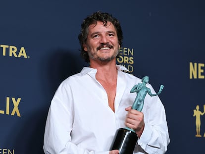 Pedro Pascal poses with the award for Best Actor in a Drama Series ('The Last of Us') at the 30th SAG-AFTRA Screen Actors Guild Awards in Los Angeles, California, on February 24, 2024.