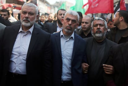 Yahia Sinwar, center, with Ismail Haniye, left, in Gaza City in 2017.