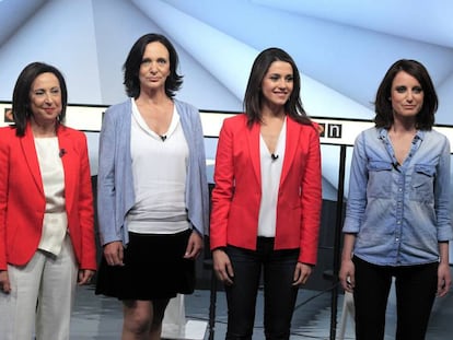 Politicians Margarita Robles, Carolina Bescansa, Inés Arrimadas and Andrea Levy on the set of television debate 'Women First'.