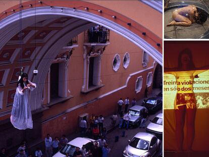 Imagen del vídeo sobre la<i> performance Lo voy a gritar al viento (1999). </i>A la derecha, arriba, imagen de la performance Caparazón (2010). Debajo, imagen del la <i>performance El dolor en un pañuelo (1999), </i>de Regina José Galindo.