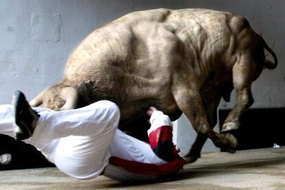 A runner is trampled by a bull from the Jandilla stockbreeder at the 2004 fiestas.