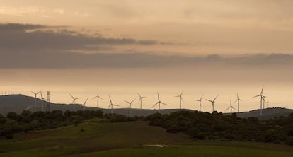 Molinos en un parque e&oacute;lico en la costa de C&aacute;diz.