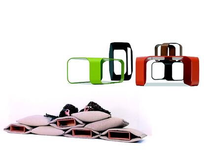 Arriba, las mesitas Twist de Lloyd producidas por Martínez Otero. Abajo, Guerrilla Containers, de Stone Designs.