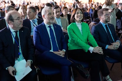 Desde la izquierda, el embajador de España en la Unesco, Miquel Iceta; el alcalde de Barcelona Jaume Collboni; la ministra de Ciencia Diana Morant y el presidente de la Generalitat, Pere Aragonès