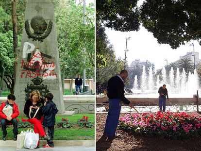 A la izquierda, el monolito dedicado a Franco en la Glorieta de Orihuela. A la derecha, el lugar, ayer, tras la retirada del monumento.