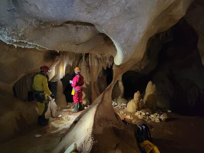 Dos expertos, en una de las visitas a la cueva de las Estegamitas en La Araña (Málaga).