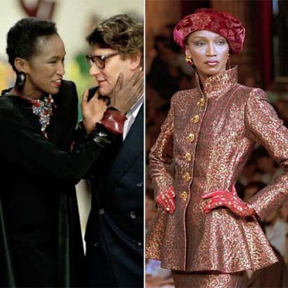 Katoucha, arriba, en su época de  modelo impresincible en la semana de la alta costura de París. A la izquierda, con Yves Saint Laurent.