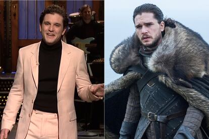 Kit Harington durante su participación en 'Saturday Night Live' y en 'Juego de tronos'.