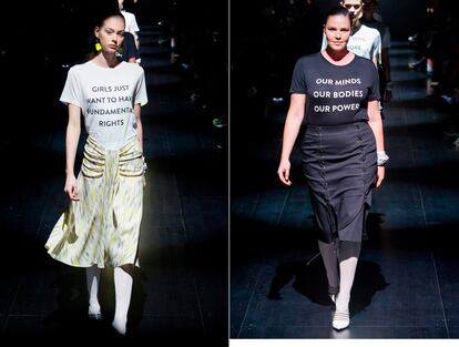 Dos de las camisetas con lemas feministas de Prabal Gurung vistas en la NYFW.