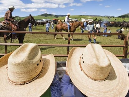 Dos niños con sombreros de 'cowboy' en un rancho cerca de Stanford, en el Estado de Montana (EE UU).