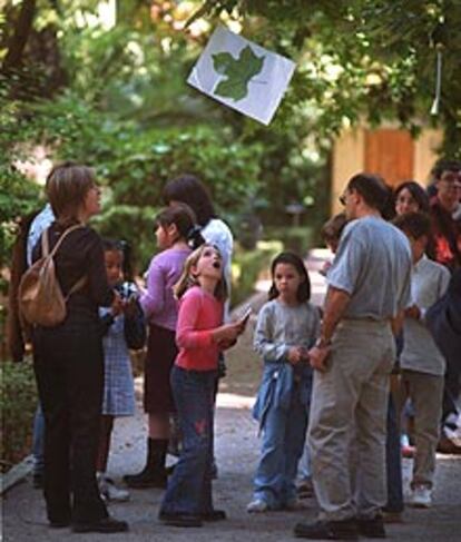 Un grupo de niños, ayer, busca un árbol a través de su hoja reproducida en un cartón, en el Jardín Botánico.