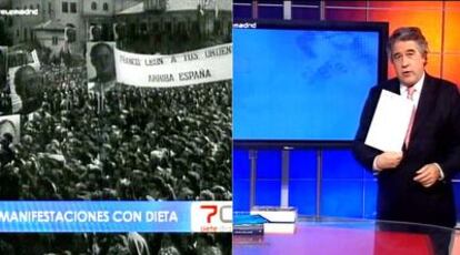 <i>Siete Días</i> desempolvó las imágenes de las manifestaciones que preparaba la dictadura para apoyar a Franco, como se ve en la imagen de la izquierda. A continuación, José Antonio Ovies mostraba un documento de CC OO en el que se decía que se pagaría una pequeña gratificación a modo de dieta a los que acudieran a la marcha.