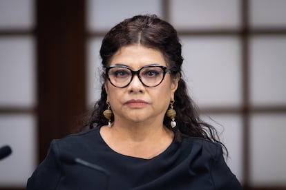 Clara Brugada en conferencia de prensa, en Ciudad de México, el 20 de mayo de 2025.