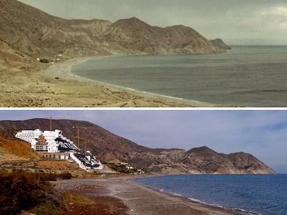 Arriba, el paraje de El Algarrobico de Carboneras (Almería) antes de que empezara a construirse el hotel en 2003. Abajo, esa misma playa la semana pasada.