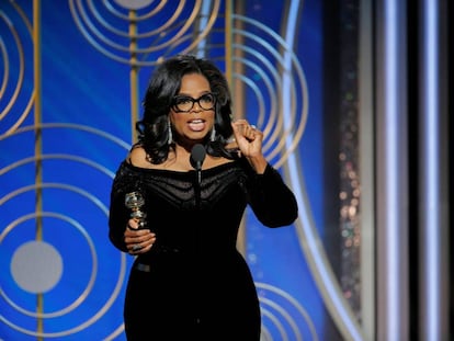 Oprah Winfrey durante o seu discurso (legendas do vídeo em espanhol).