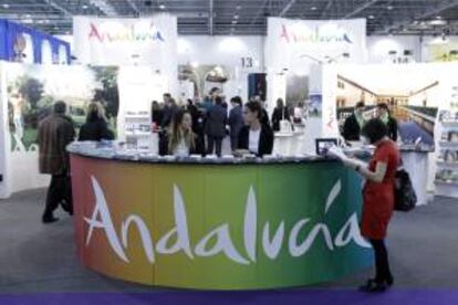 El expositor de Andalucía en la Feria de Turismo Internacional World Travel Market (WTM), inaugurada hoy, lunes, en Londres.