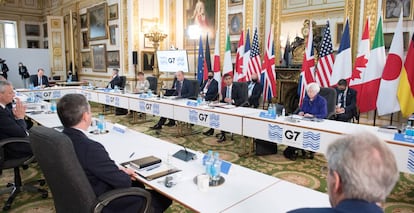 El ministro británico de Hacienda, Rishi Sunak, se dirige a los ministros de Finanzas del G7 en la reunión del pasado 4 de junio. 