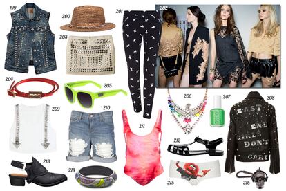 199. Replay Chaleco vaquero con tachuelas. 200. Pull & Bear Sombrero de rafia con tiras de cuentas. 201. SuiteBlanco Leggings con print de cruces. 202. Versace. 203. H&M Mini con tachuelas. 204. MCQ by Alexander McQueen Pulsera doble de piel con cuchilla de afeitar. 205. Linda Farrow By Matthew Williamson Gafas de sol con montura de pasta. 206. Shourouk Collar con águila de pedrería. 207. Essie Laca de uñas “Neon Collection 2013”. 208. Topshop Perfecto con leyenda en la espalda y tachuelas. 209. Chloé Cropped top con detalles de pedrería. 210. J Brand Bermudas vaqueras con rotos. 211. Lolli Bañador con efecto tie dye y aberturas en los laterales. 212. Pull & Bear Cangrejeras de plástico. 213. & other Stories Zapato estilo cowboy con talón descubierto. 214. Loewe Pulsera forrada de piel con estampados. 215. Topshop Culottes con Teleñeco. 216. Paul Smith Llavero de calavera con auriculares.