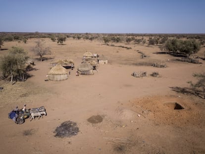 Holdioldou es otro de los enclaves de esta región castigada por la sequía. En la foto, uno de sus habitantes, Alassane Mamadou Diallo, junto a su familia camino del pozo en su carreta para llenar una veintena de garrafas de agua.