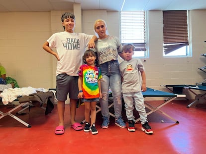 Meichel Hernández, with her sons – from the left, Thiago, Antonella and Reinaldo – at a shelter in El Paso, Texas, on Wednesday, May 10, 2023.