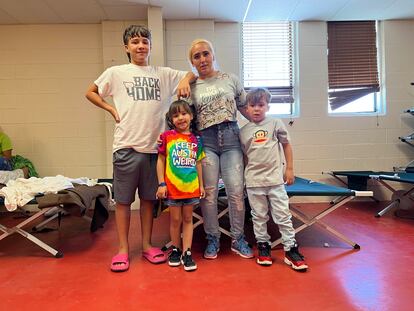 Meichel Hernández, with her sons – from the left, Thiago, Antonella and Reinaldo – at a shelter in El Paso, Texas, on Wednesday, May 10, 2023.