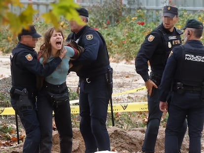 Una manifestante es retenida por agentes de Policía durante la protesta este lunes contra la tala de árboles en el parque de Arganzuela, prevista en las obras de ampliación de la línea 11 de Metro de Madrid entre Plaza Elíptica y Conde de Casal.