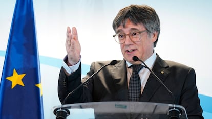 El presidente de Junts per Catalunya, Carles Puigdemont, durante una rueda de prensa en Bruselas, Bélgica.