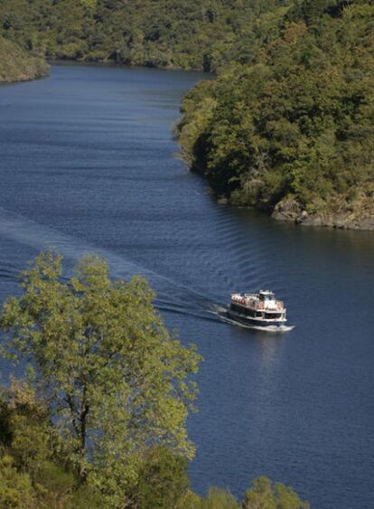 Un catamarán, en una travesía por el río Sil.