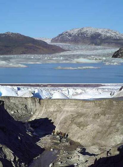 Arriba, el lago de los Hielos, antes de <i>escurrirse</i> sus aguas hasta el océano. Abajo, un grupo de personas visita el pasado mayo el lecho seco del lago de origen glaciar situado en los fiordos de la Patagonia.
EFE