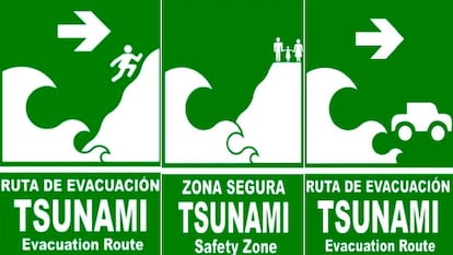 Tres carteles de la guía ilustrada presentada por el Ministerio del Interior, que señalizan las rutas de evacuación y las zonas seguras en caso de tsunami.