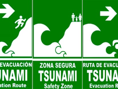 Tres carteles de la guía ilustrada presentada por el Ministerio del Interior, que señalizan las rutas de evacuación y las zonas seguras en caso de tsunami.