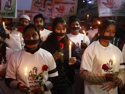 Marcha en el segundo aniversario del 'caso Nirbhaya', en 2014 en Delhi (India). 