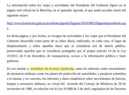 Respuesta de Presidencia a una solicitud de información presentada por EL PAÍS.
