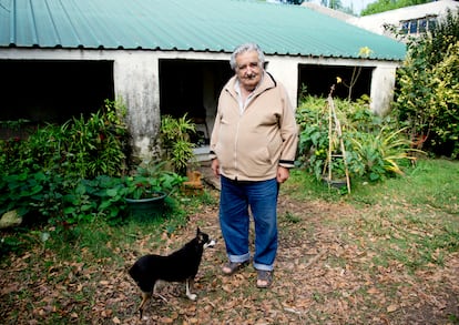 José Mujica y su perra, Manuela, frente a su casa en las afueras de Montevideo, el 2 de mayo de 2014. 