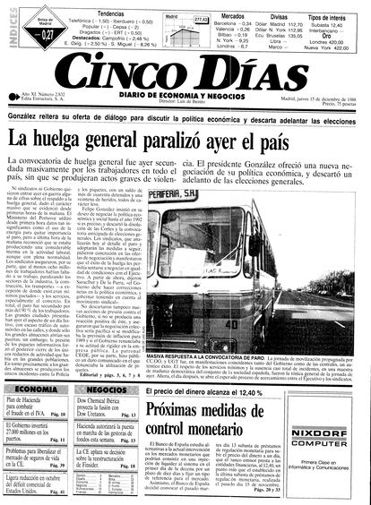 1988: rebelión sindical. Cisma entre el Gobierno y los sindicatos en plena efervescencia de la actividad. Las centrales consideraban que no había un reparto de las ganancias de la recuperación acorde con los esfuerzos realizados. UGT y CC OO recuperan la unidad de acción y culmina la ruptura entre Nicolás Redondo y Felipe González con una huelga general que paralizó el país.