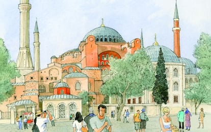 Ilustraci&oacute;n de la bas&iacute;lica de Santa Sof&iacute;a, en Estambul, convertida en mezquita en 1453 por Mehmet II, tras la invasi&oacute;n turca. 