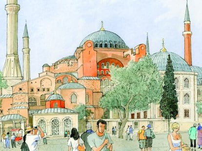 Ilustraci&oacute;n de la bas&iacute;lica de Santa Sof&iacute;a, en Estambul, convertida en mezquita en 1453 por Mehmet II, tras la invasi&oacute;n turca. 