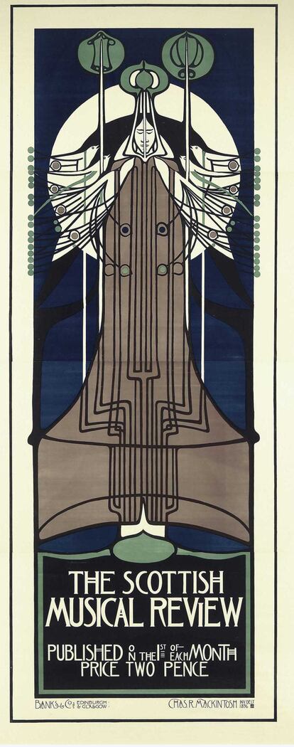 El escocés Charles Mackintosh (1868-1928) es uno de los artistas más representativos. Este es uno de sus carteles publicitarios sobre 'La revista musical de Escocia'