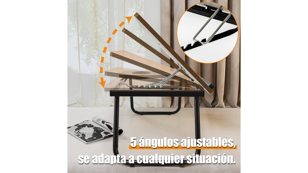 Esta mesa plegable cuenta con diferentes grados de inclinación.