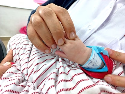 The bracelet and wrist of a premature baby recovering at the New Administrative Capital hospital in Egypt.