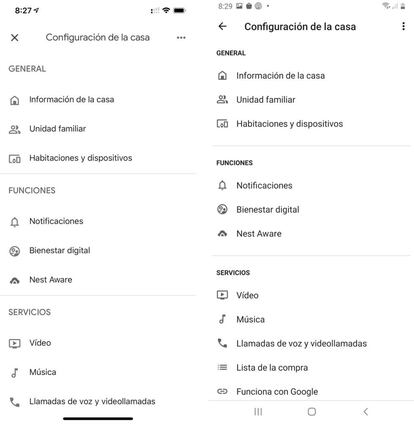 Nuevo diseño de Google Home: iOS (i) y Android (d)