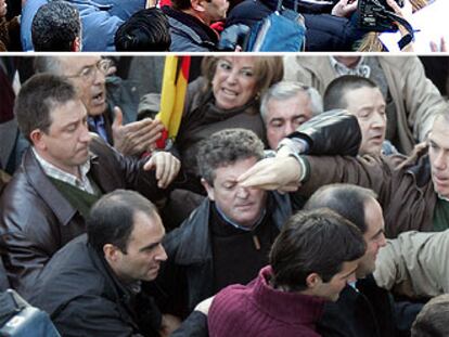 Dos momentos de la manifestación celebrada el 22 de enero, donde se puede ver al ministro José Bono increpado por algunas de las personas que lo rodean.