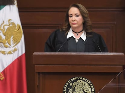 La ministra Yasmín Esquivel Mossa, entonces presidenta de la Segunda Sala de la Suprema Corte de Justicia de la Nación, durante el informe de labores de 2021.