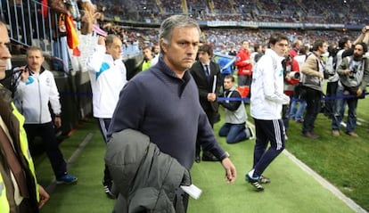 Jos&eacute; Mourinho in La Rosaleda stadium on Saturday night.