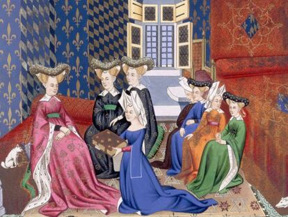 Un grupo de mujeres en una ilustración medieval.