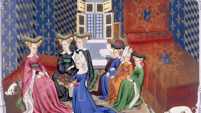 Grupo de mulheres em uma ilustração medieval.