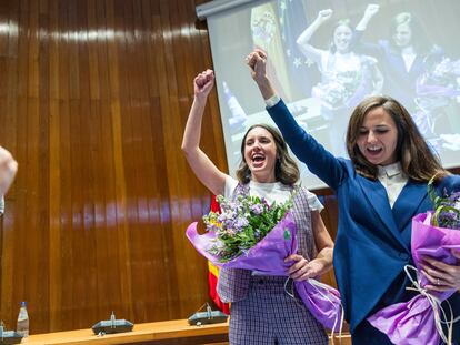 Las exministras de Podemos Irene Montero y Ione Belarra, este martes.