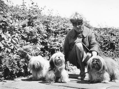 Peggy Guggenheim, con sus inseparables mascotas y las gafas-mariposa, en su casa de Venecia en los sesenta. 